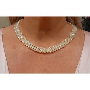 14K Gold Akoya Pearl Mesh Necklace 17" Multi Strand Woven Lattice Jackie O Style